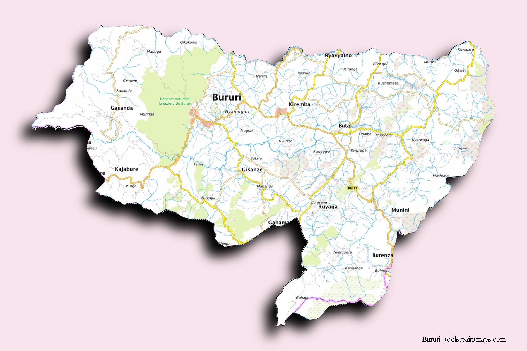 Mapa de barrios y pueblos de Bururi con efecto de sombra 3D