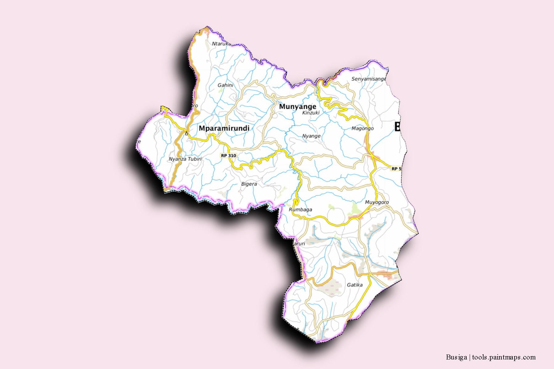 Mapa de barrios y pueblos de Busiga con efecto de sombra 3D