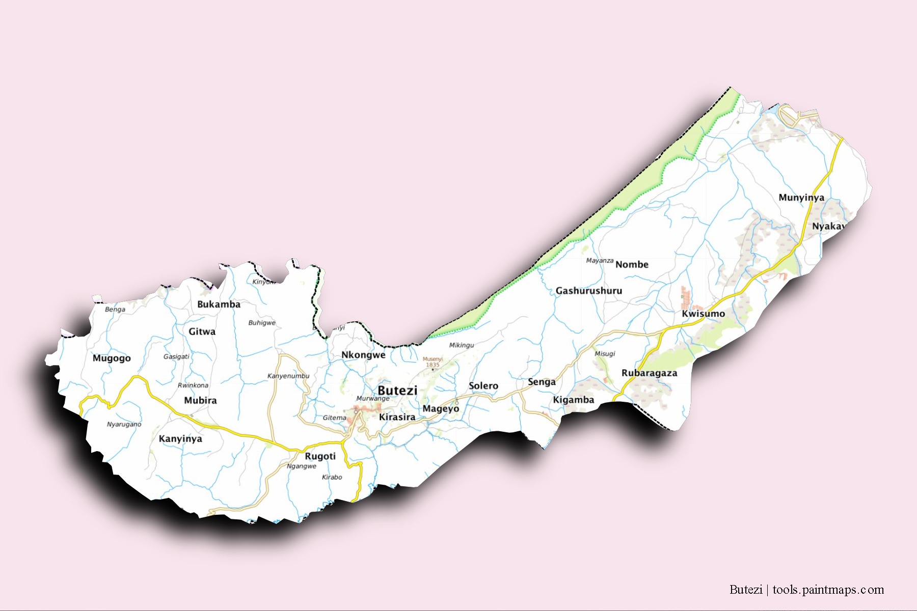 Mapa de barrios y pueblos de Butezi con efecto de sombra 3D