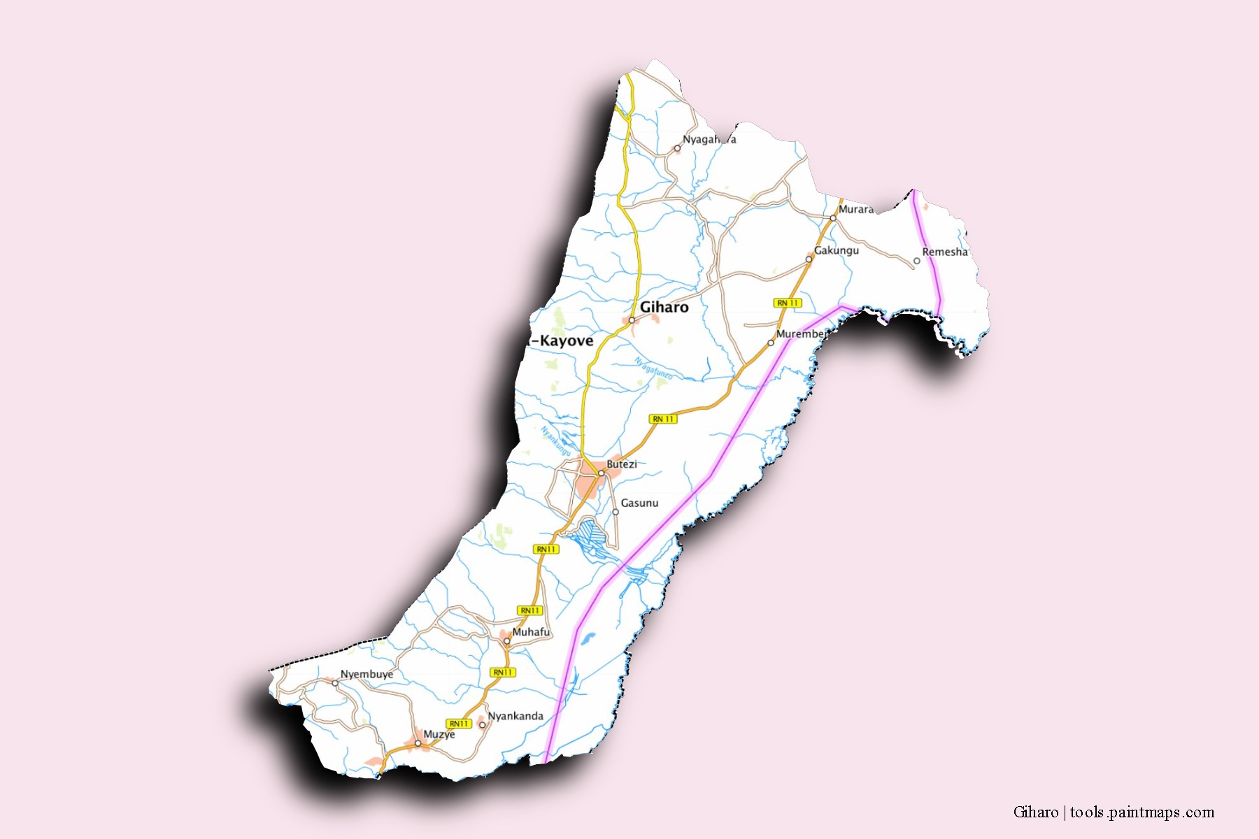 Mapa de barrios y pueblos de Giharo con efecto de sombra 3D