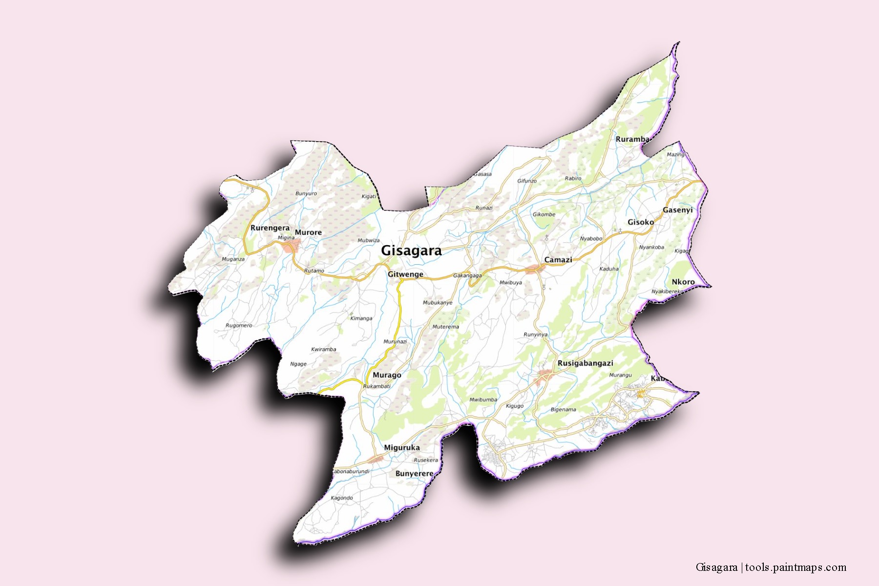 Mapa de barrios y pueblos de Gisagara con efecto de sombra 3D