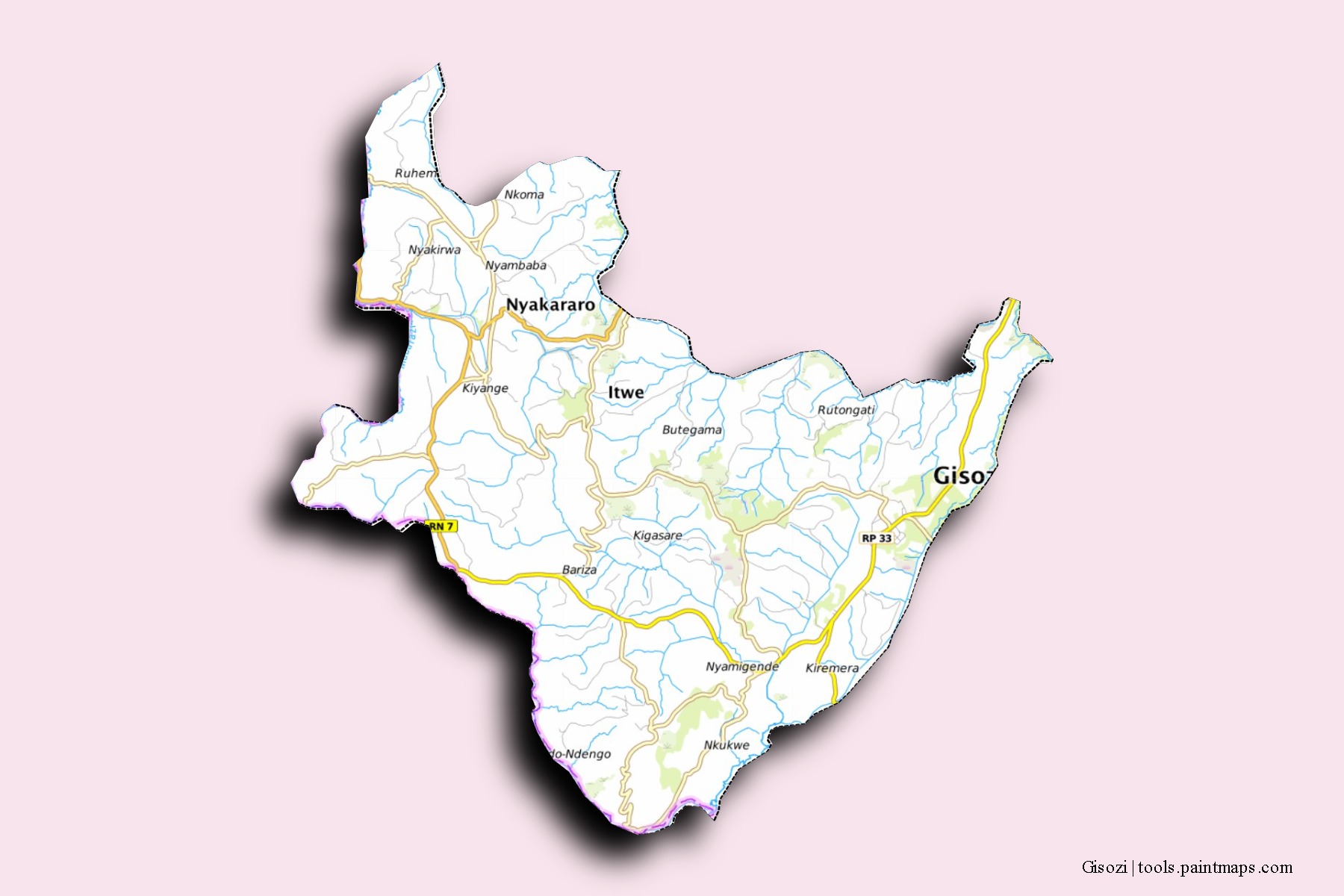 Mapa de barrios y pueblos de Gisozi con efecto de sombra 3D