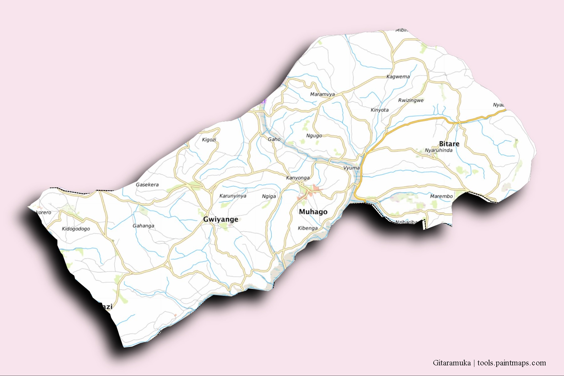 Mapa de barrios y pueblos de Gitaramuka con efecto de sombra 3D