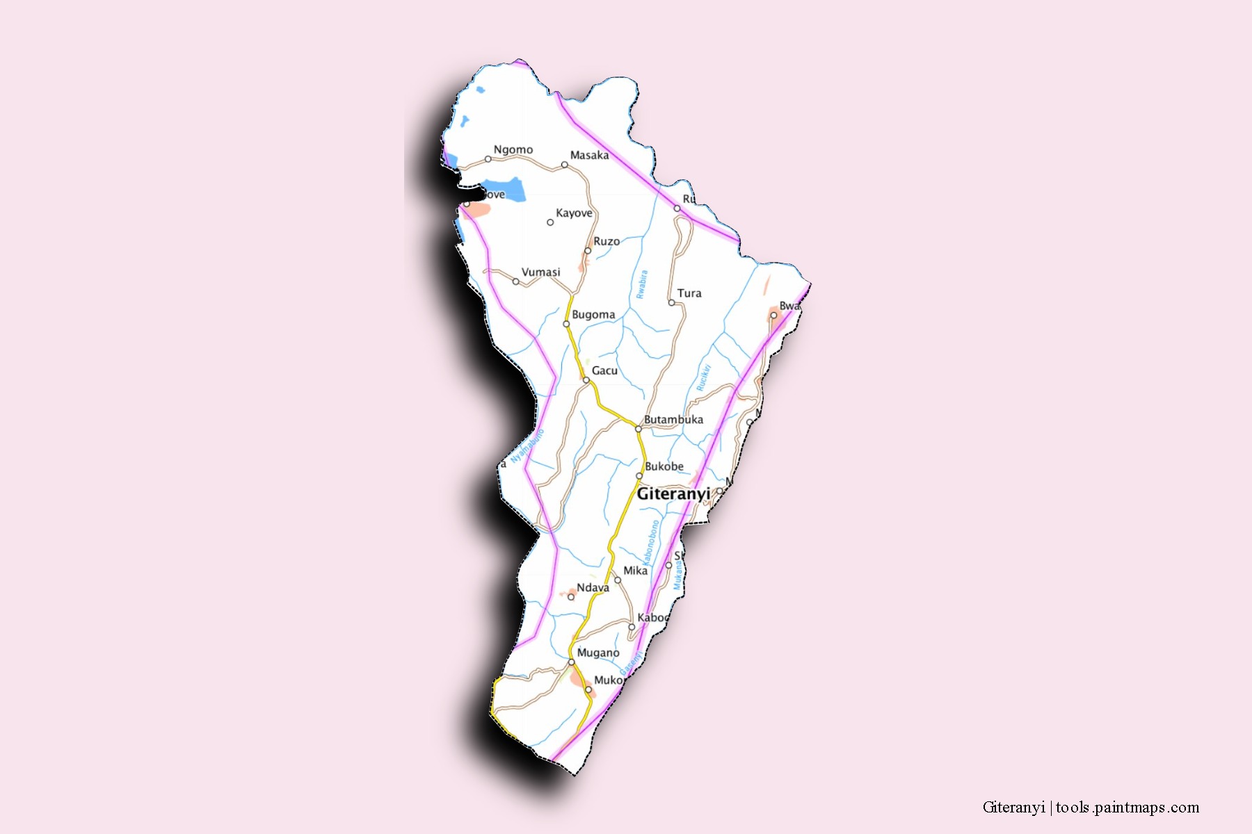 Mapa de barrios y pueblos de Giteranyi con efecto de sombra 3D