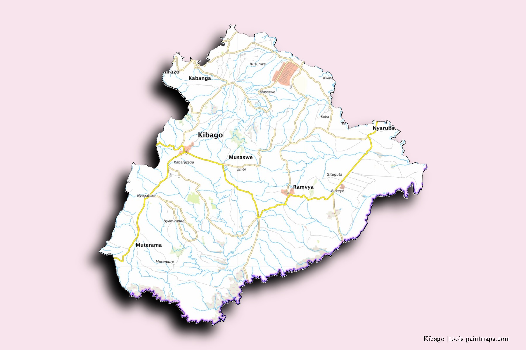 Mapa de barrios y pueblos de Kibago con efecto de sombra 3D