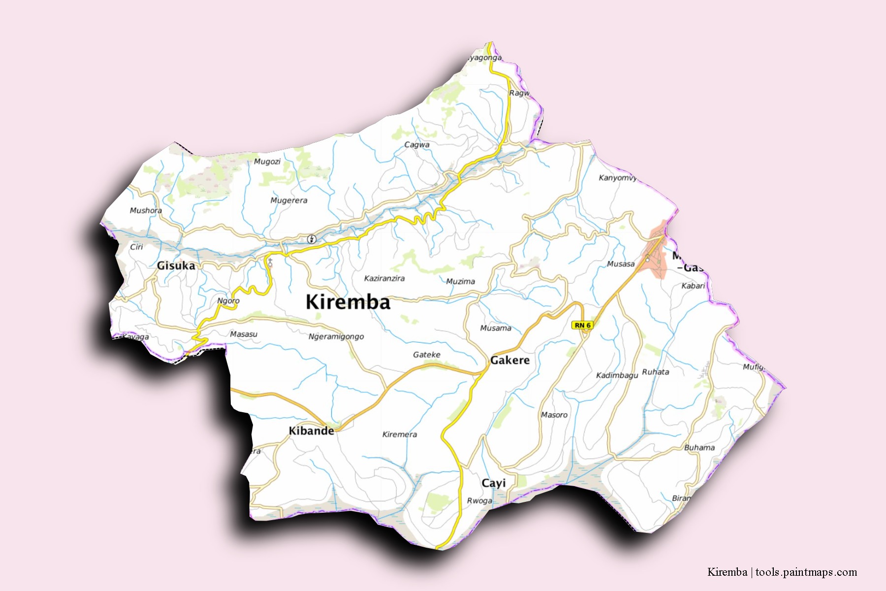 Mapa de barrios y pueblos de Kiremba con efecto de sombra 3D