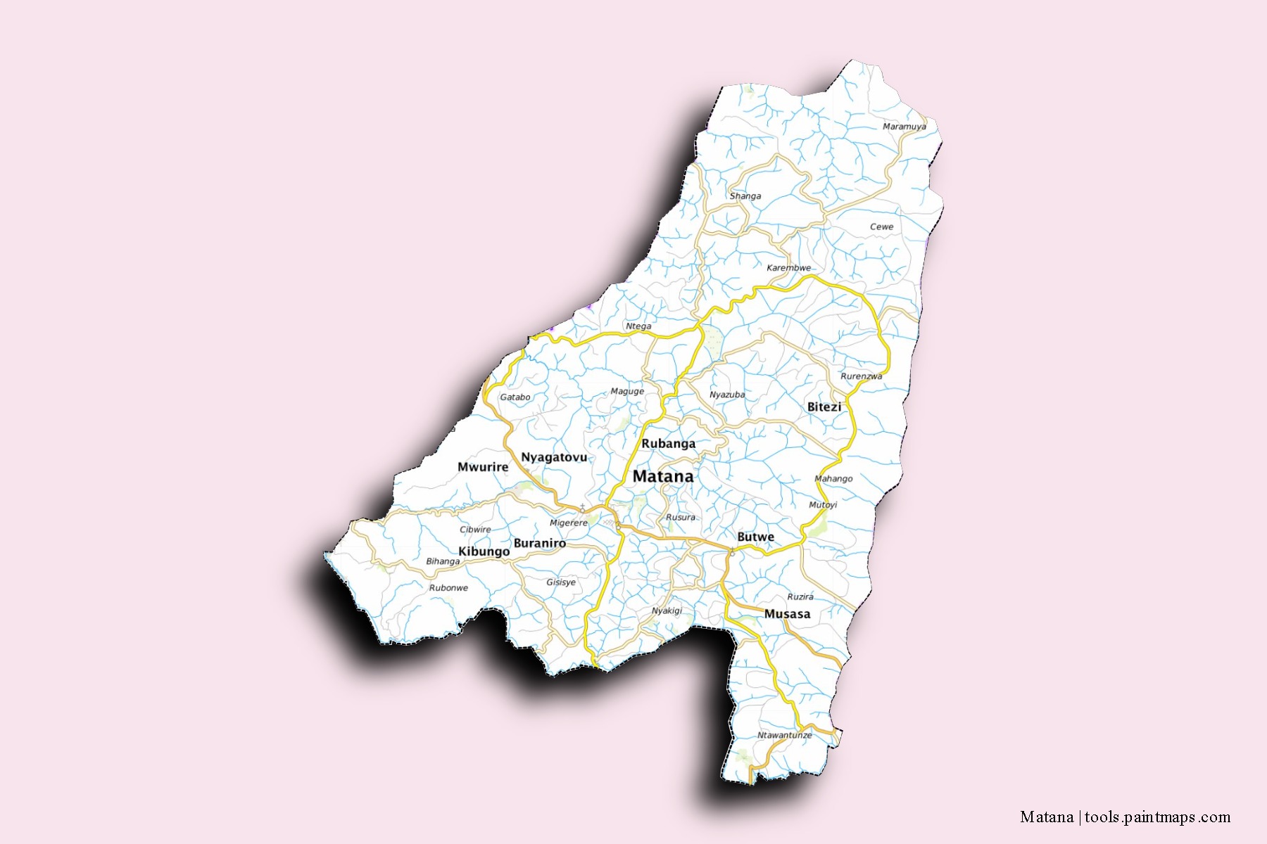 Mapa de barrios y pueblos de Matana con efecto de sombra 3D