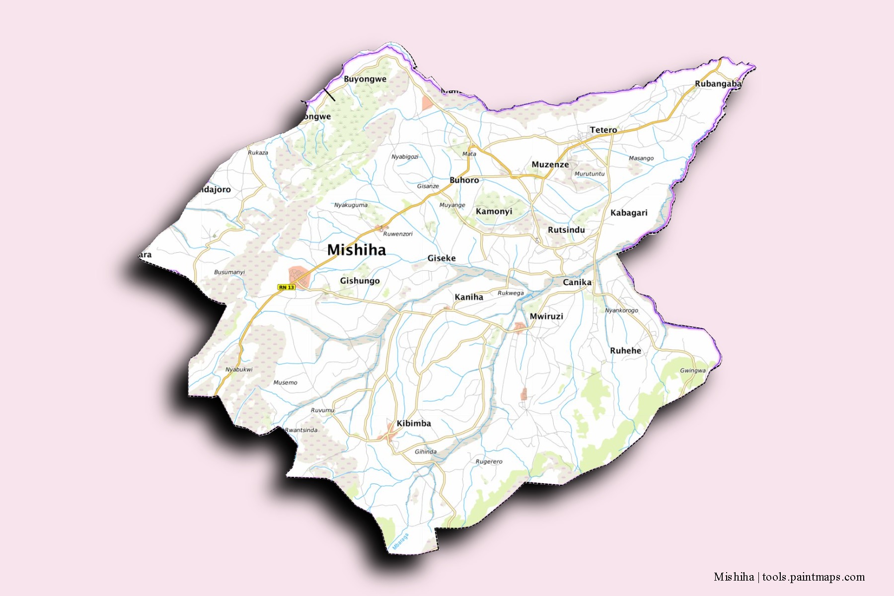 Mapa de barrios y pueblos de Mishiha con efecto de sombra 3D