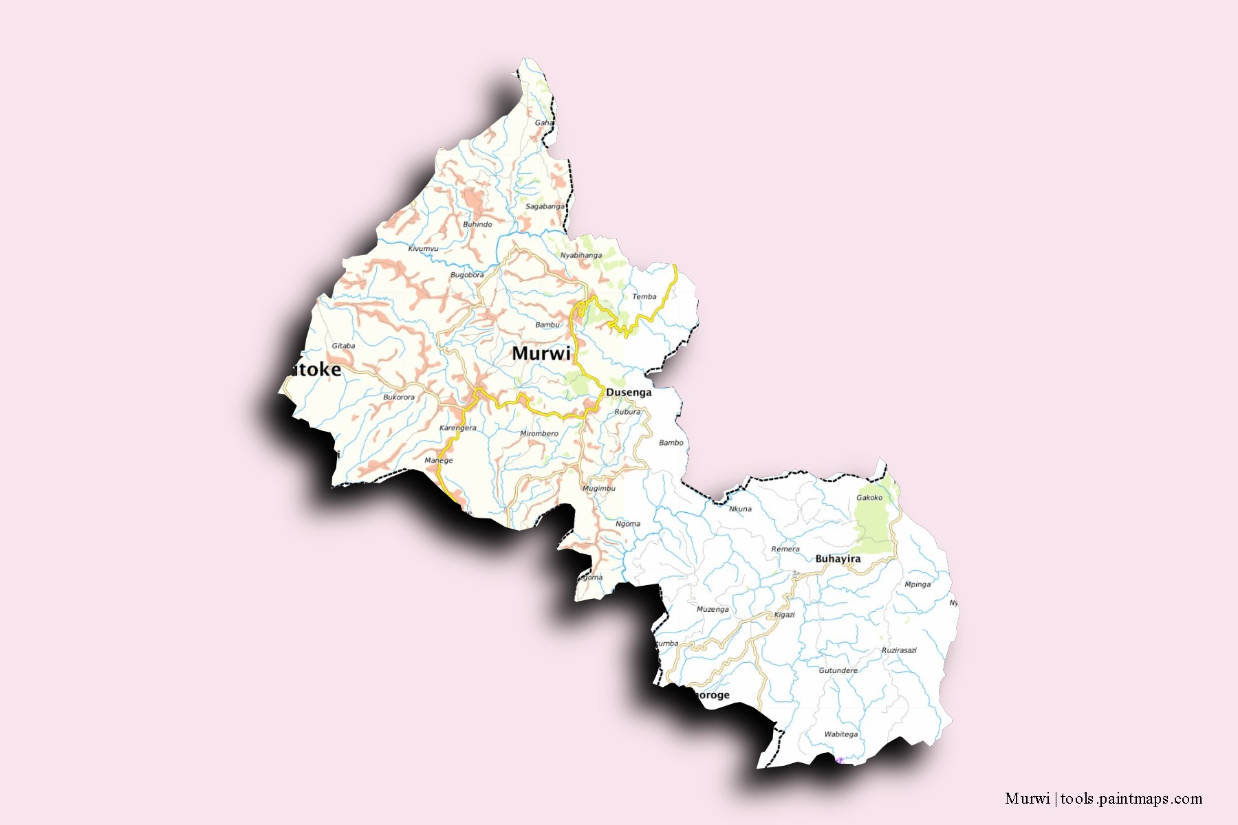 Mapa de barrios y pueblos de Murwi con efecto de sombra 3D