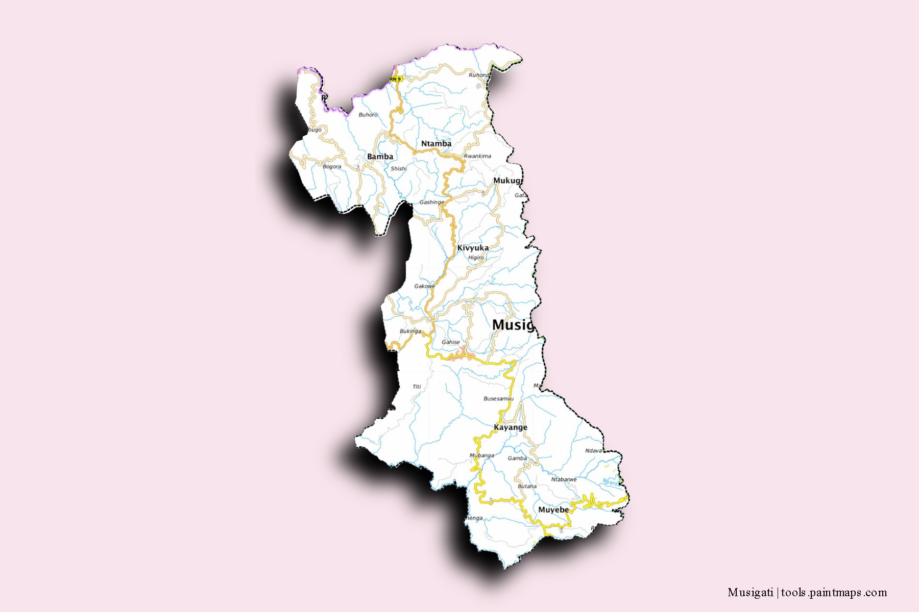 Mapa de barrios y pueblos de Musigati con efecto de sombra 3D