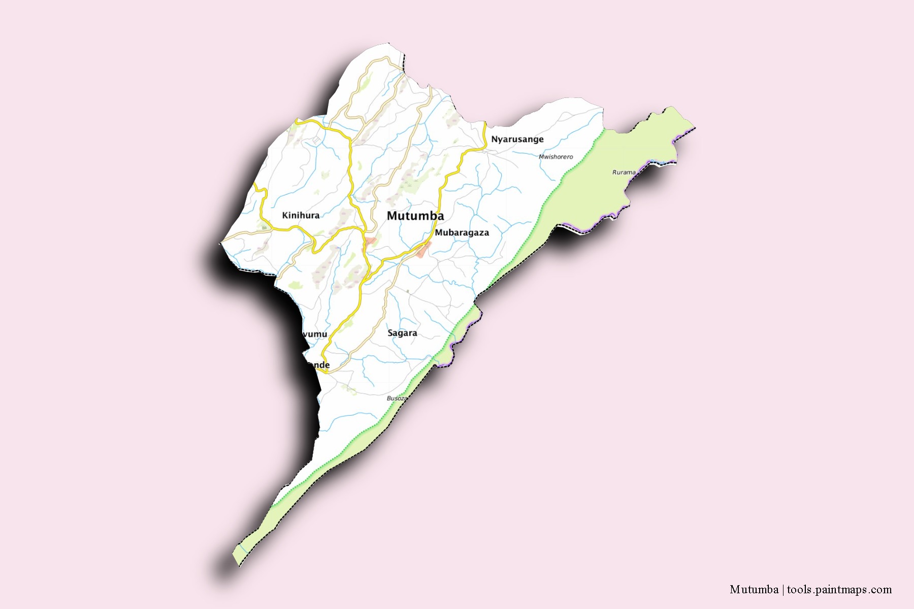 Mapa de barrios y pueblos de Mutumba con efecto de sombra 3D