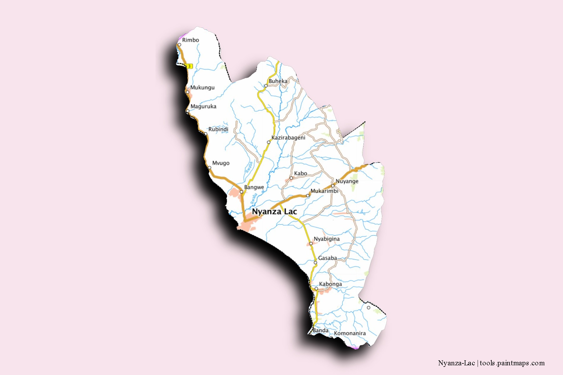 Mapa de barrios y pueblos de Nyanza-Lac con efecto de sombra 3D