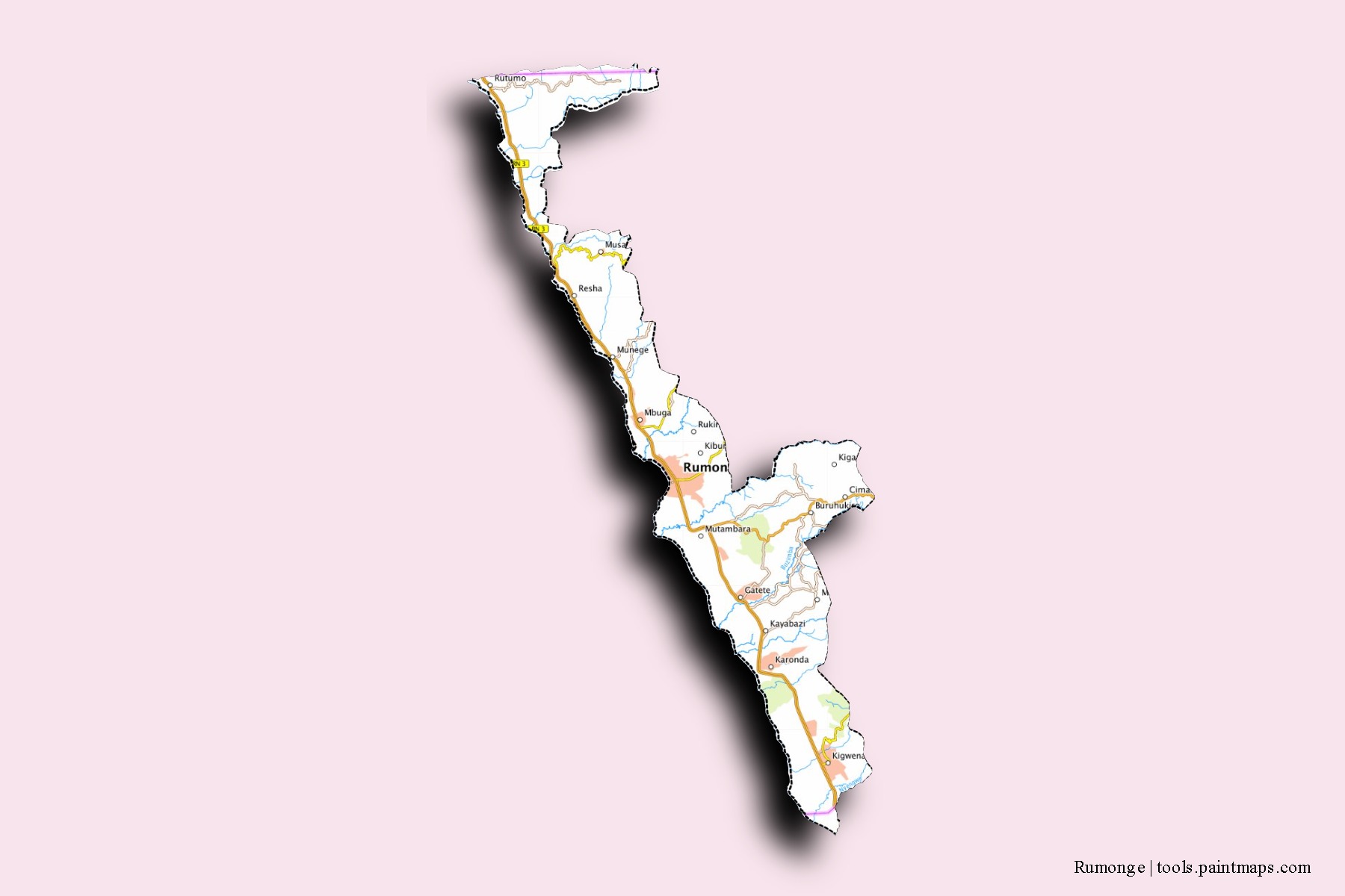 Mapa de barrios y pueblos de Rumonge con efecto de sombra 3D