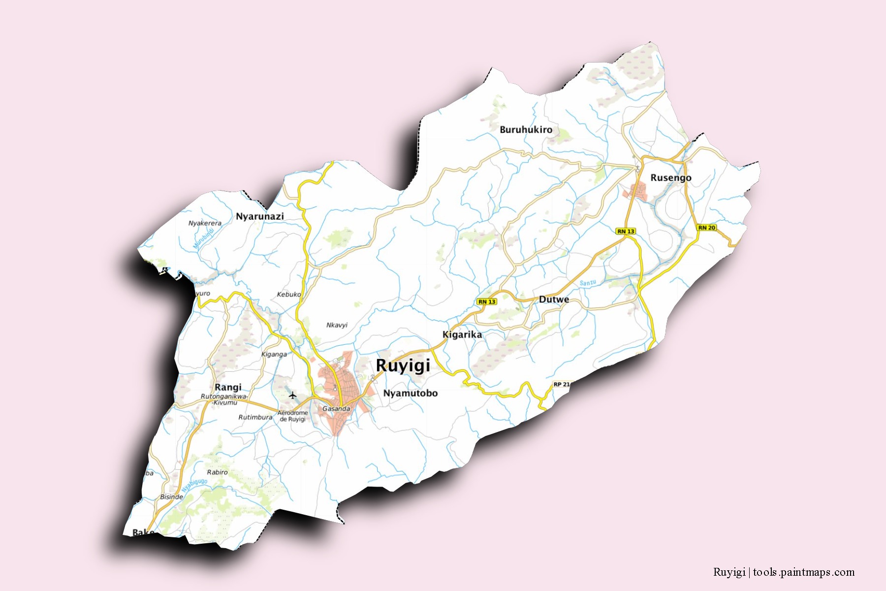 Mapa de barrios y pueblos de Ruyigi con efecto de sombra 3D