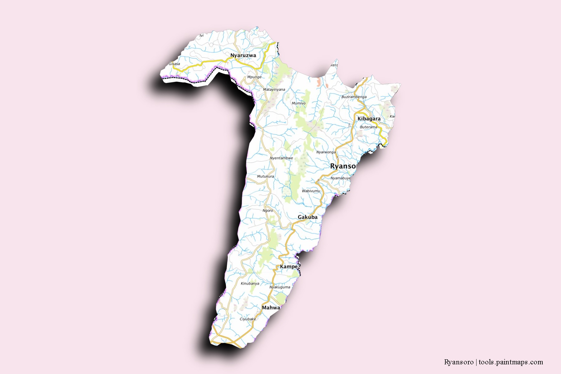 Mapa de barrios y pueblos de Ryansoro con efecto de sombra 3D