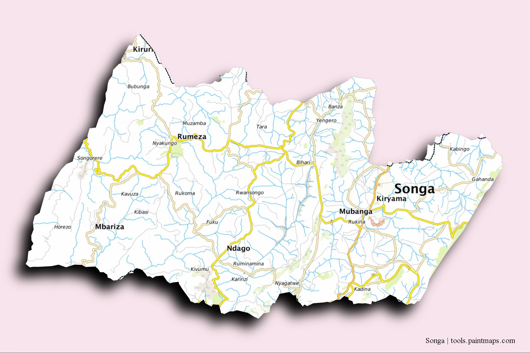 Mapa de barrios y pueblos de Songa con efecto de sombra 3D