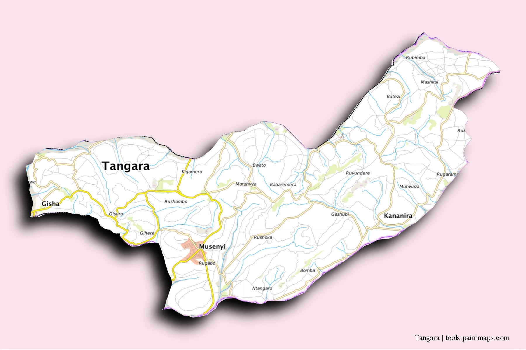 Tangara neighborhoods and villages map with 3D shadow effect