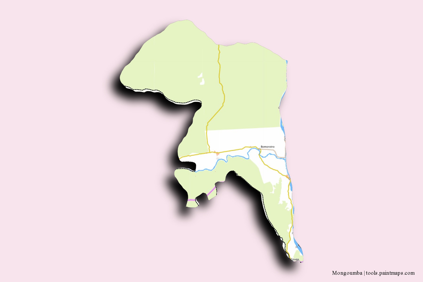 Mapa de barrios y pueblos de Mongoumba con efecto de sombra 3D