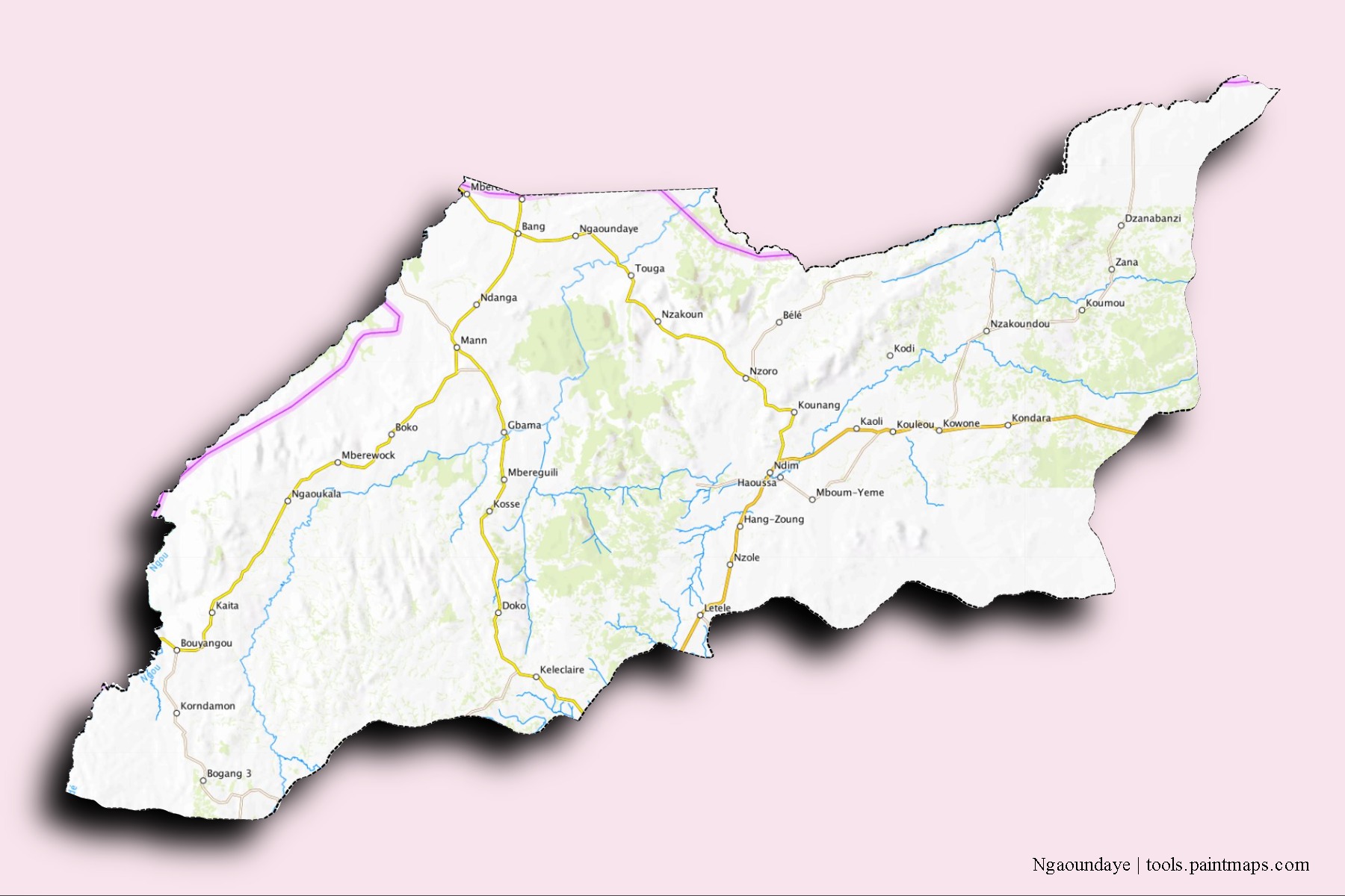 Ngaoundaye neighborhoods and villages map with 3D shadow effect