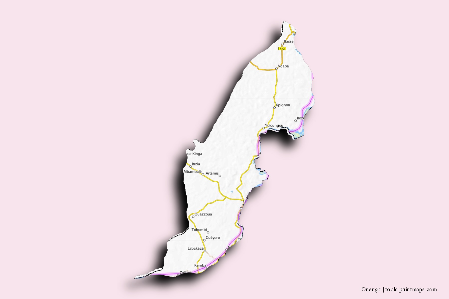 Mapa de barrios y pueblos de Ouango con efecto de sombra 3D