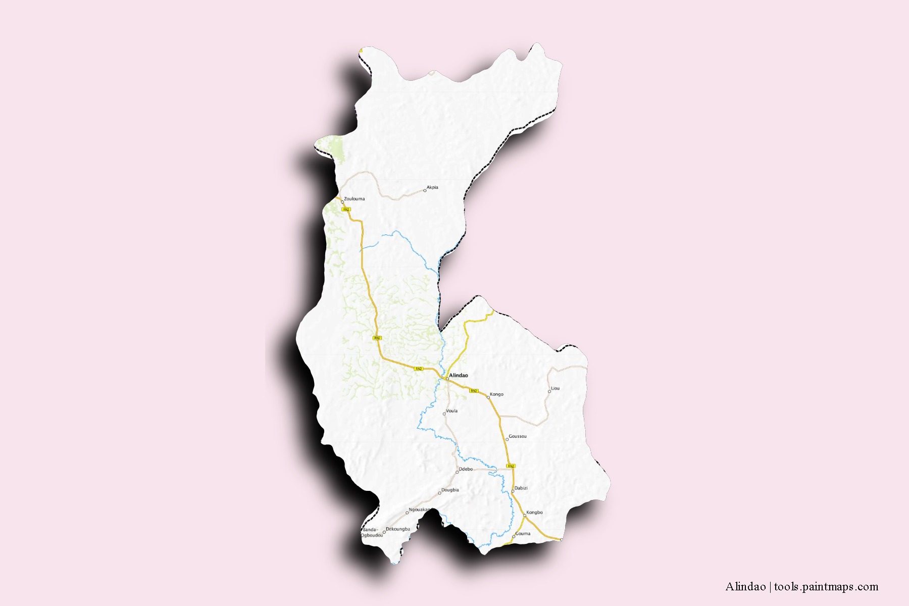 Mapa de barrios y pueblos de Alindao con efecto de sombra 3D