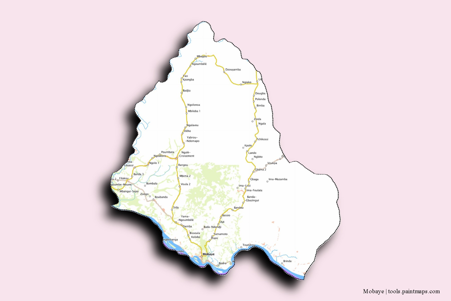 Mapa de barrios y pueblos de Mobaye con efecto de sombra 3D