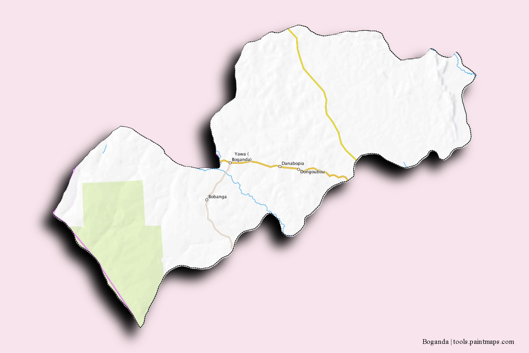 Mapa de barrios y pueblos de Boganda con efecto de sombra 3D