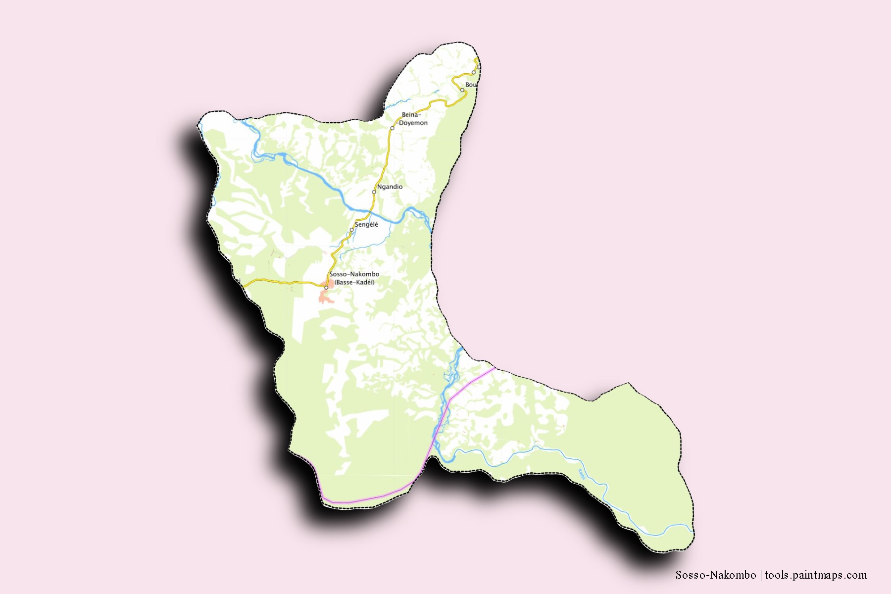 Mapa de barrios y pueblos de Sosso-Nakombo con efecto de sombra 3D