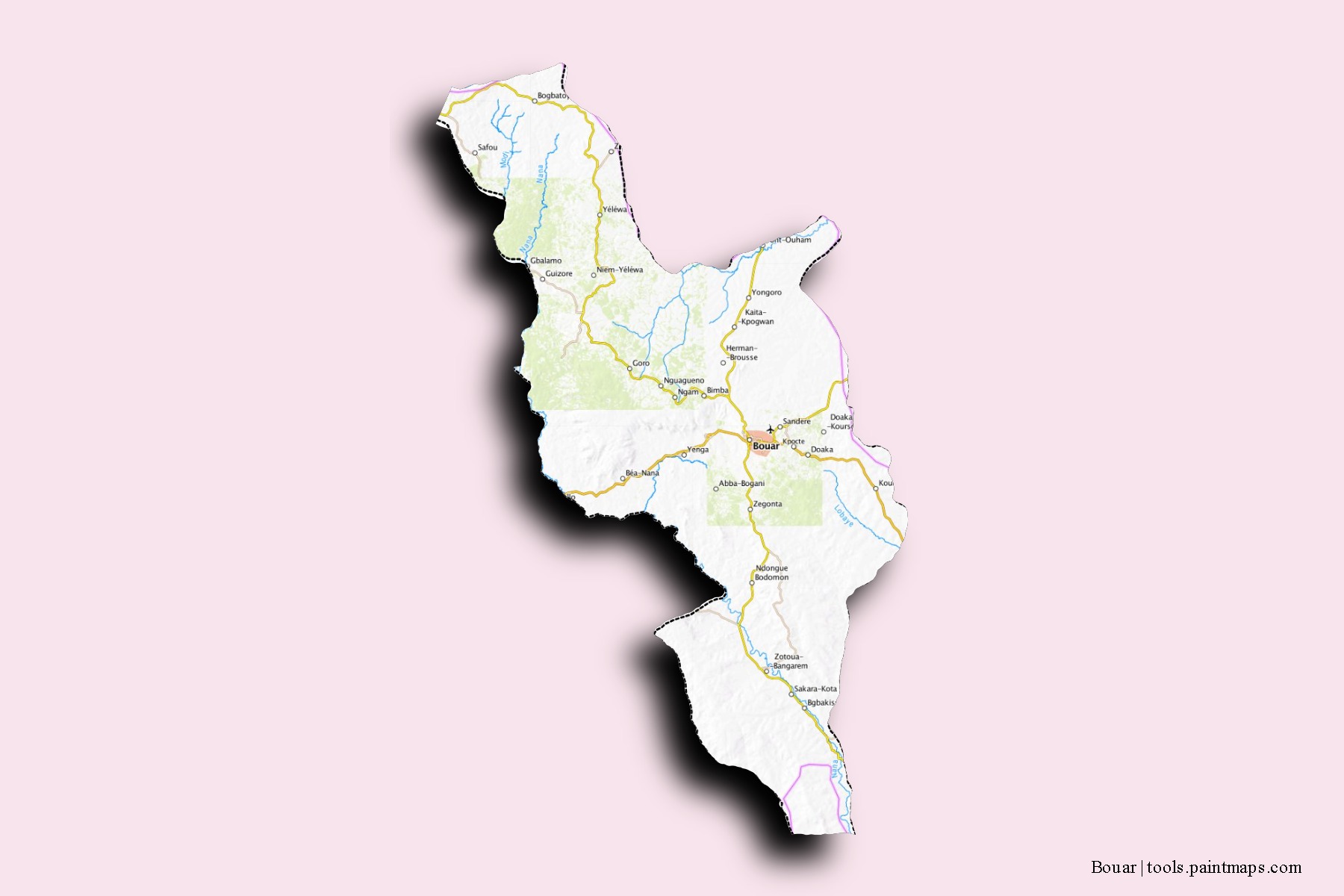 Mapa de barrios y pueblos de Bouar con efecto de sombra 3D