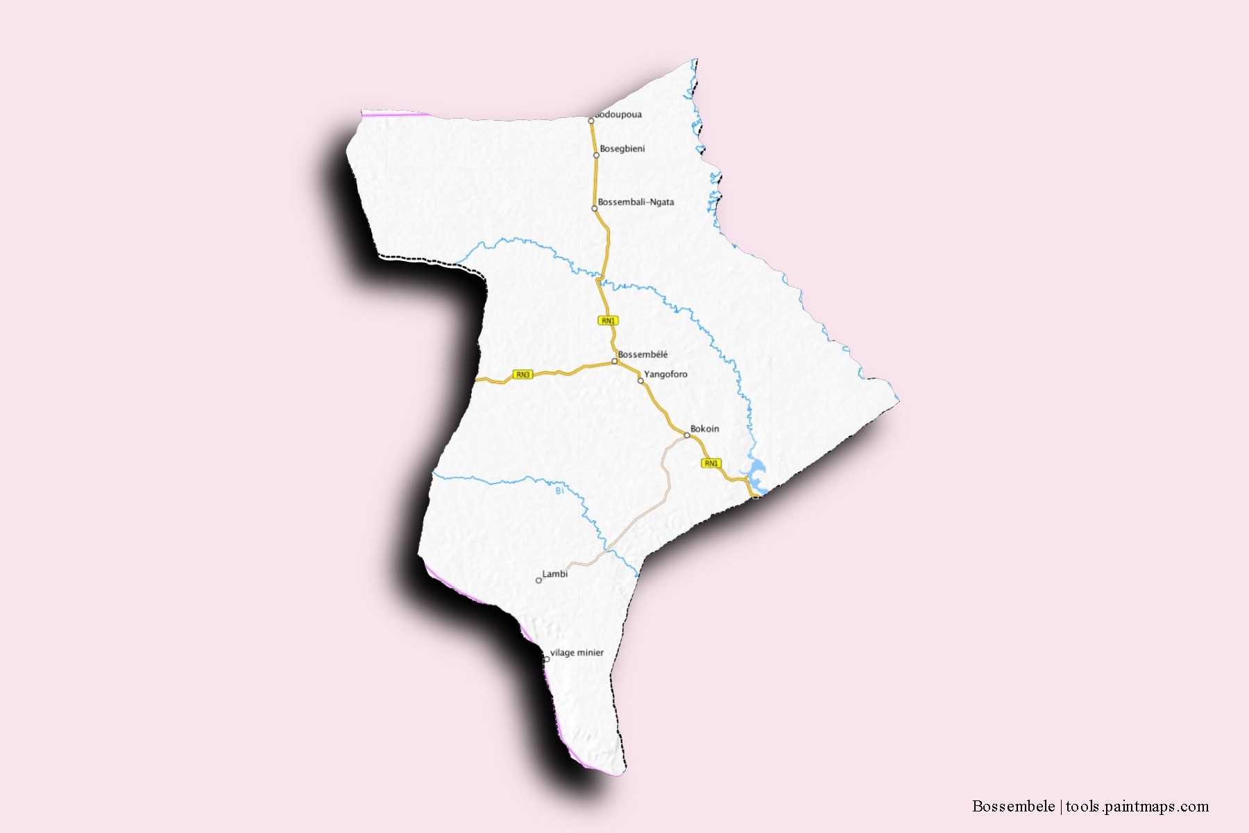 Mapa de barrios y pueblos de Bossembele con efecto de sombra 3D