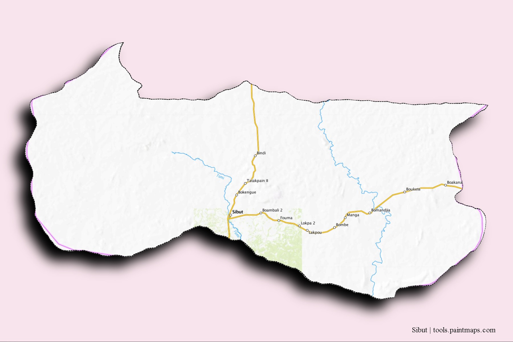 Mapa de barrios y pueblos de Sibut con efecto de sombra 3D