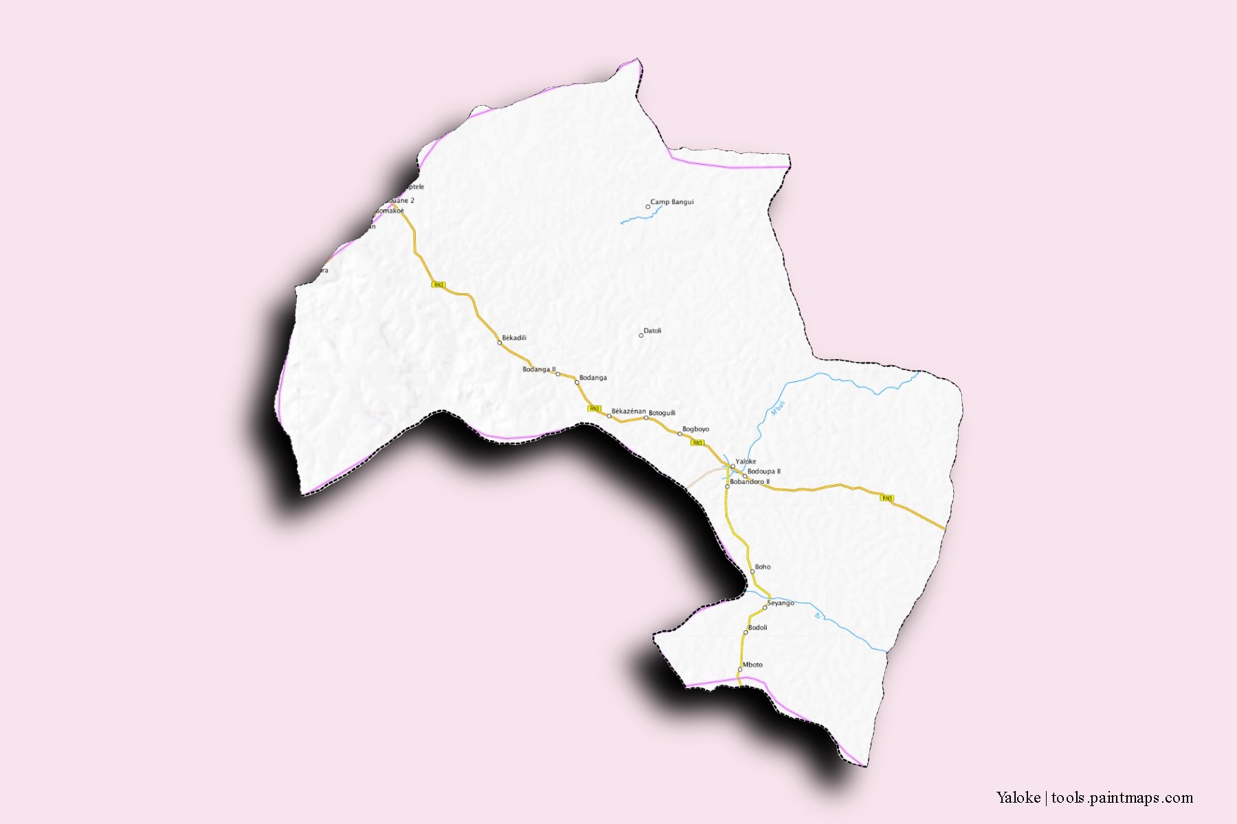 Mapa de barrios y pueblos de Yaloke con efecto de sombra 3D