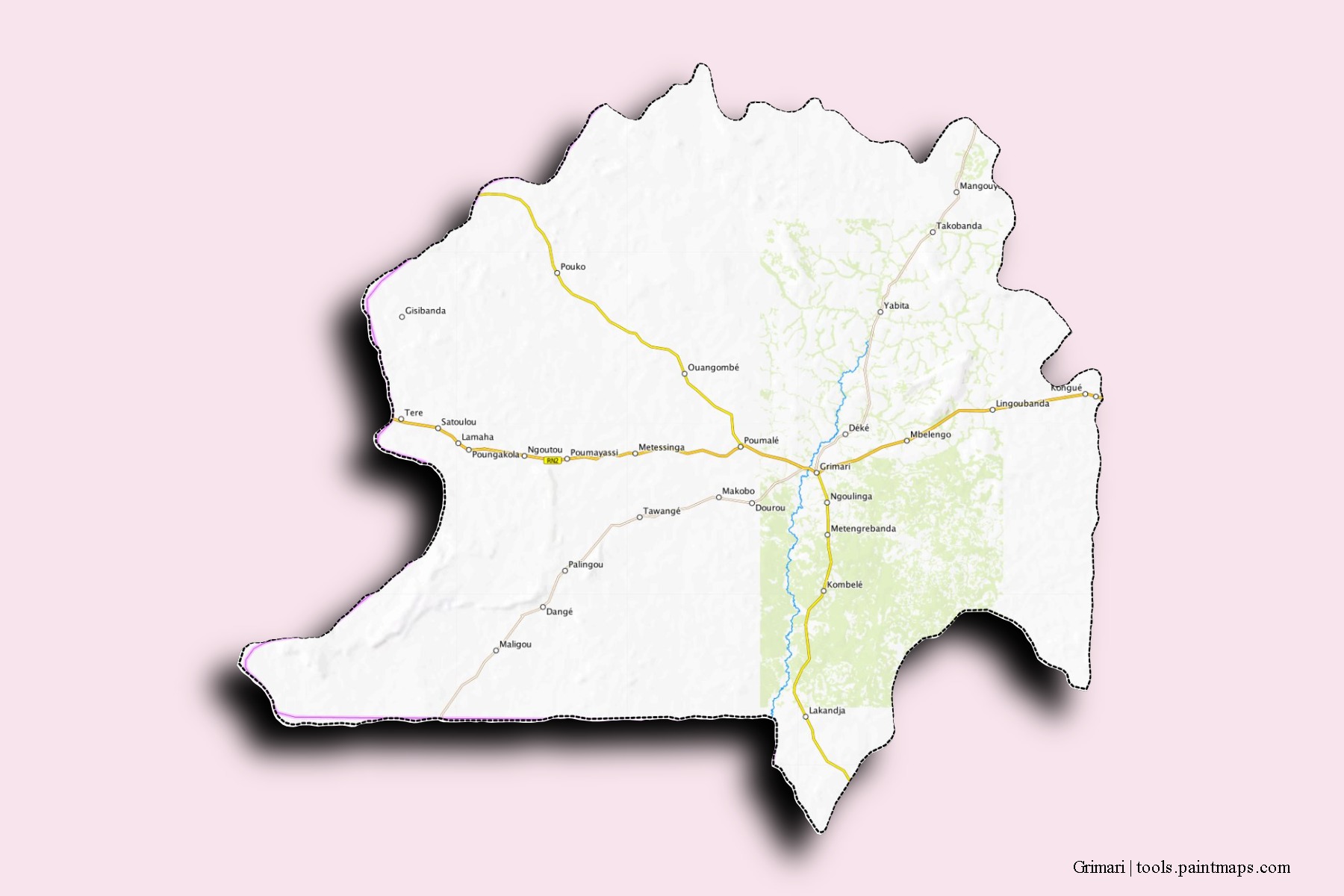 Mapa de barrios y pueblos de Grimari con efecto de sombra 3D