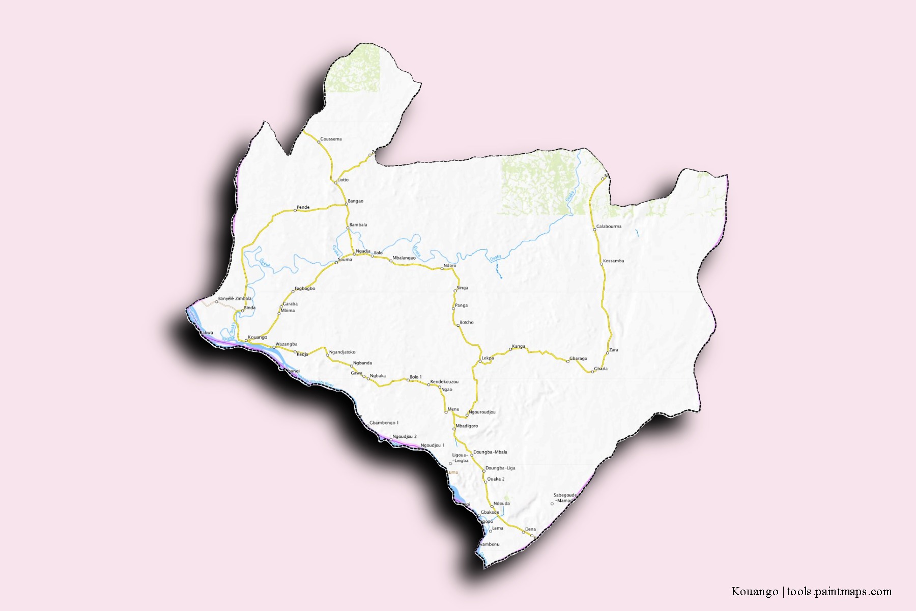 Mapa de barrios y pueblos de Kouango con efecto de sombra 3D