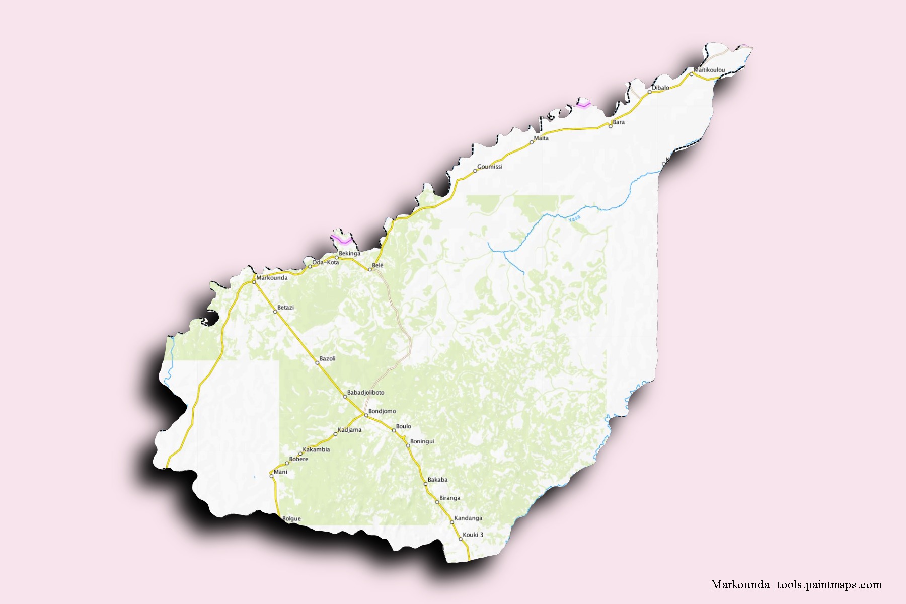 Mapa de barrios y pueblos de Markounda con efecto de sombra 3D