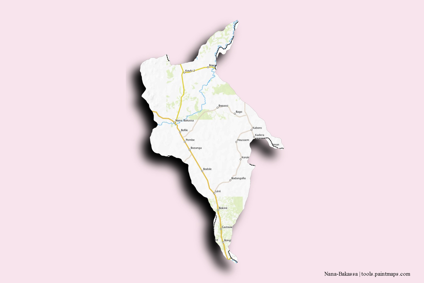 Mapa de barrios y pueblos de Nana-Bakassa con efecto de sombra 3D