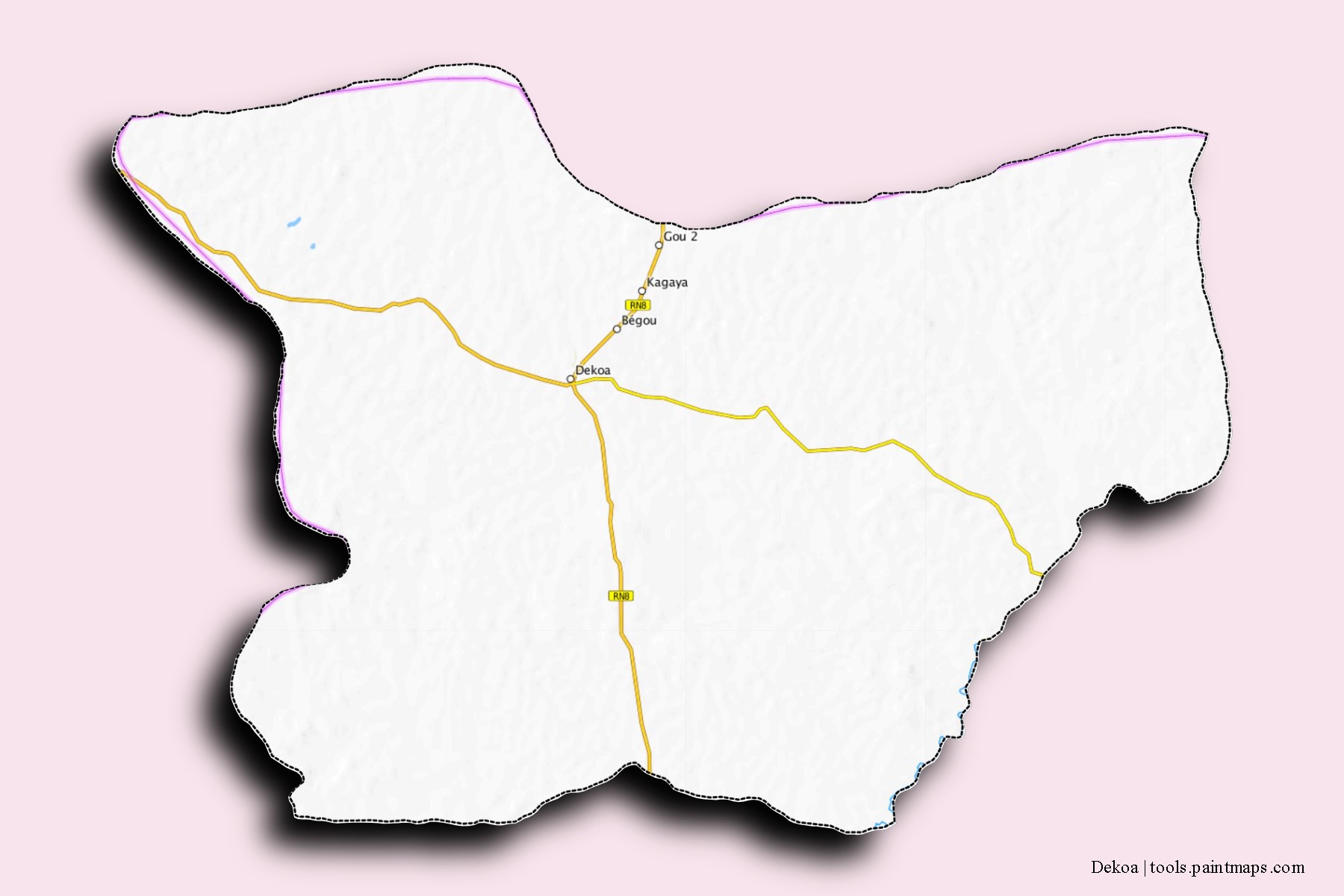 Mapa de barrios y pueblos de Dekoa con efecto de sombra 3D