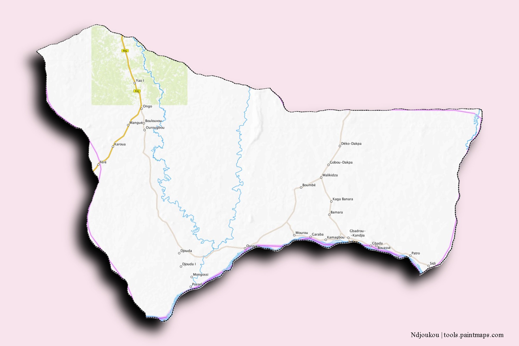 Ndjoukou neighborhoods and villages map with 3D shadow effect