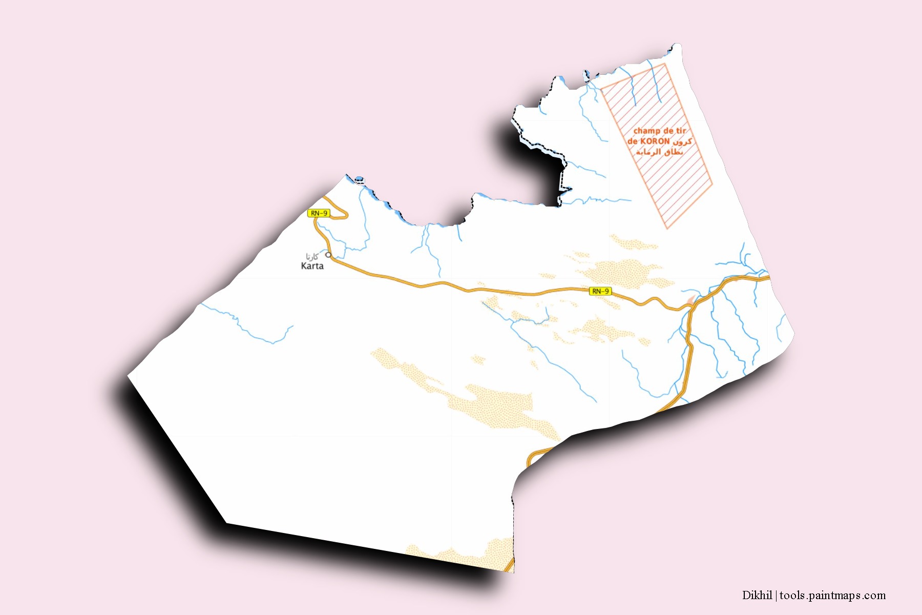 Mapa de barrios y pueblos de Dikhil con efecto de sombra 3D