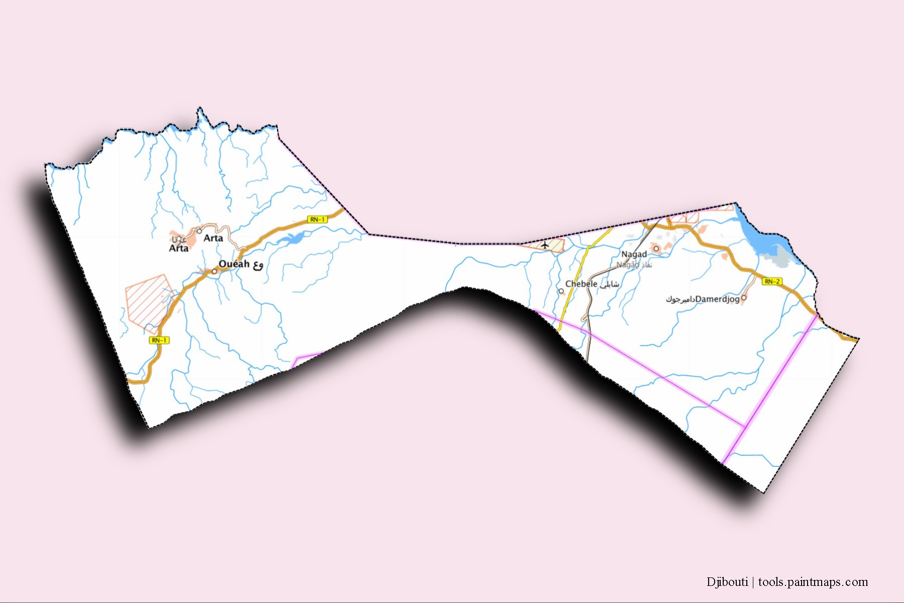 Mapa de barrios y pueblos de Djibouti con efecto de sombra 3D