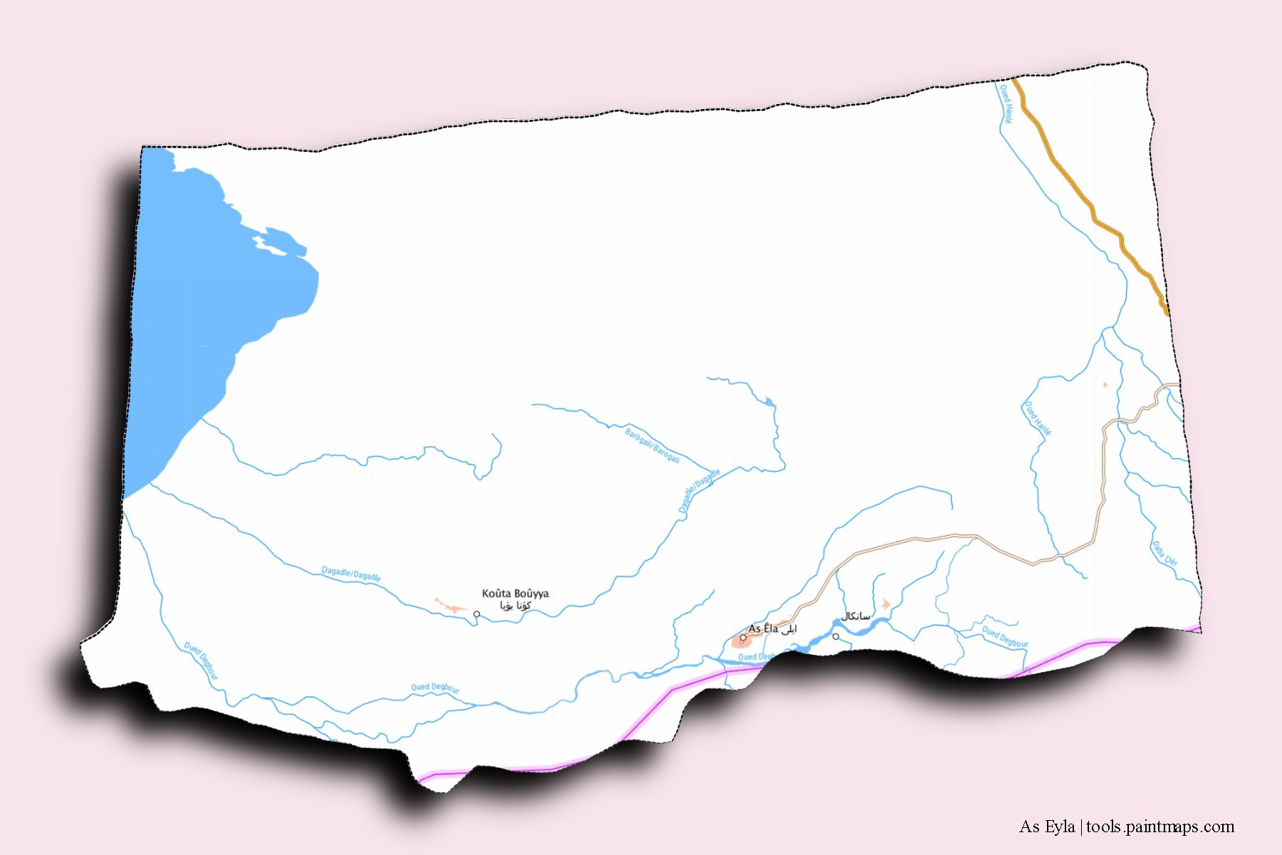 Mapa de barrios y pueblos de As Eyla con efecto de sombra 3D