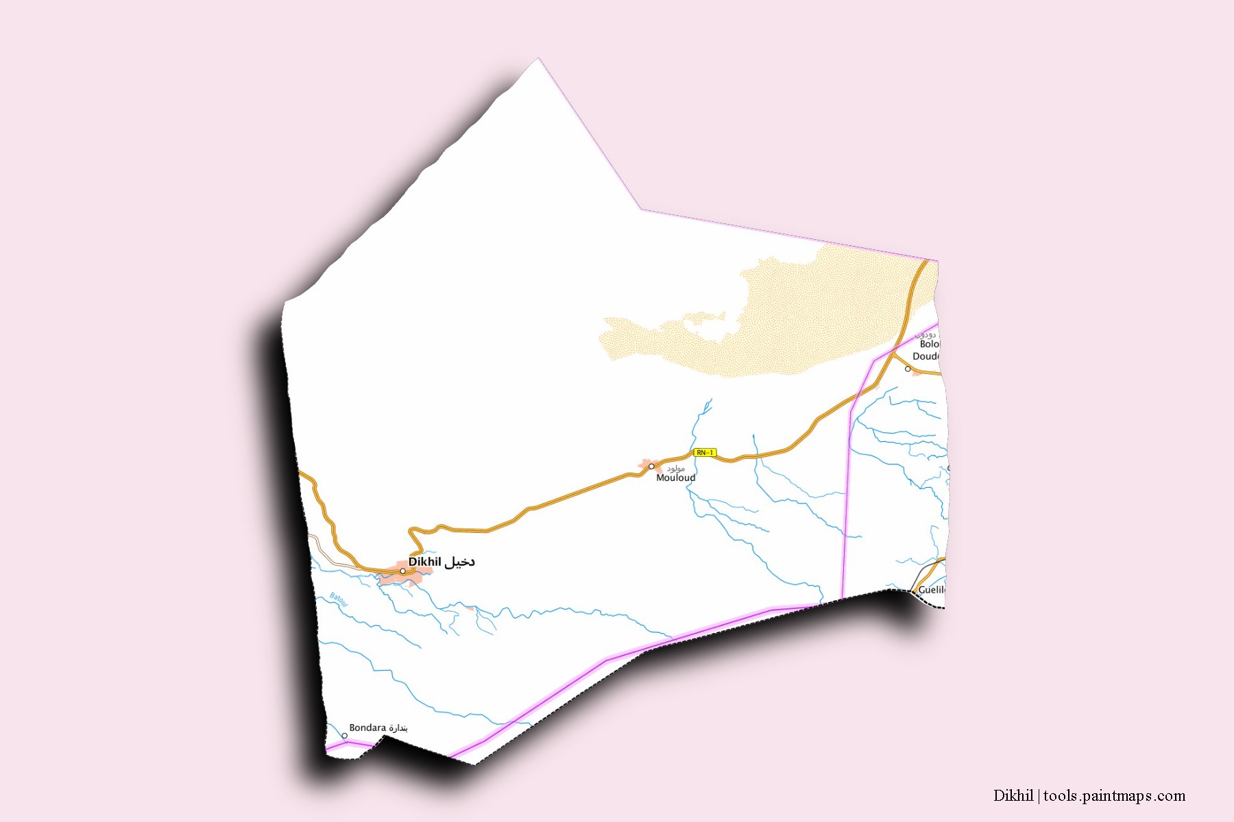 Dikhil neighborhoods and villages map with 3D shadow effect