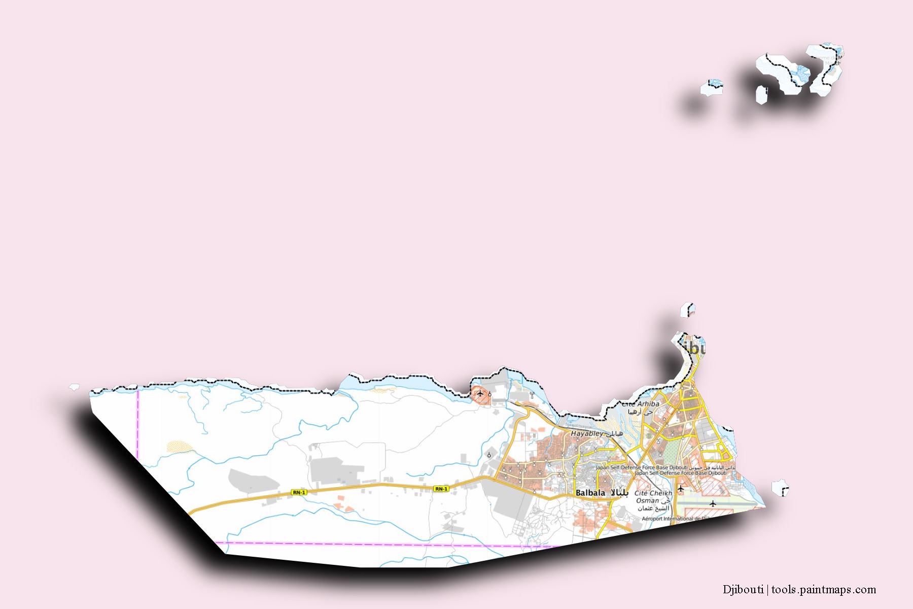 Mapa de barrios y pueblos de Djibouti con efecto de sombra 3D