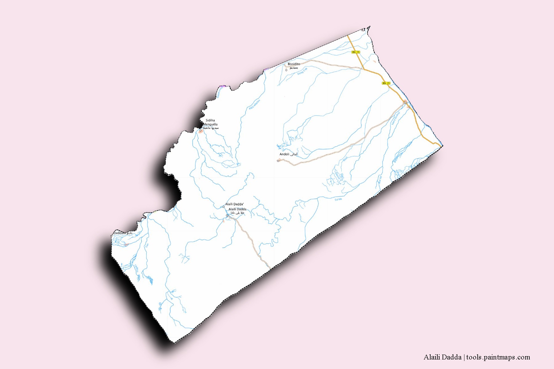 Mapa de barrios y pueblos de Alaili Dadda con efecto de sombra 3D