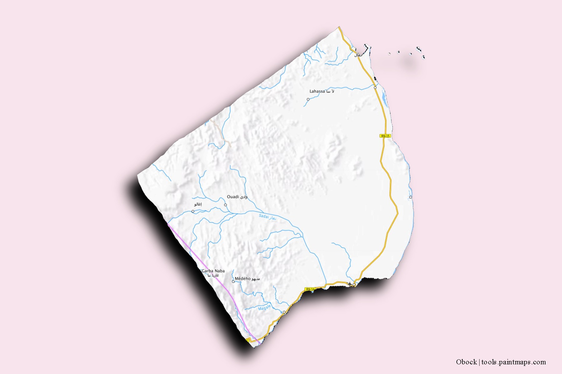 Mapa de barrios y pueblos de Obock con efecto de sombra 3D