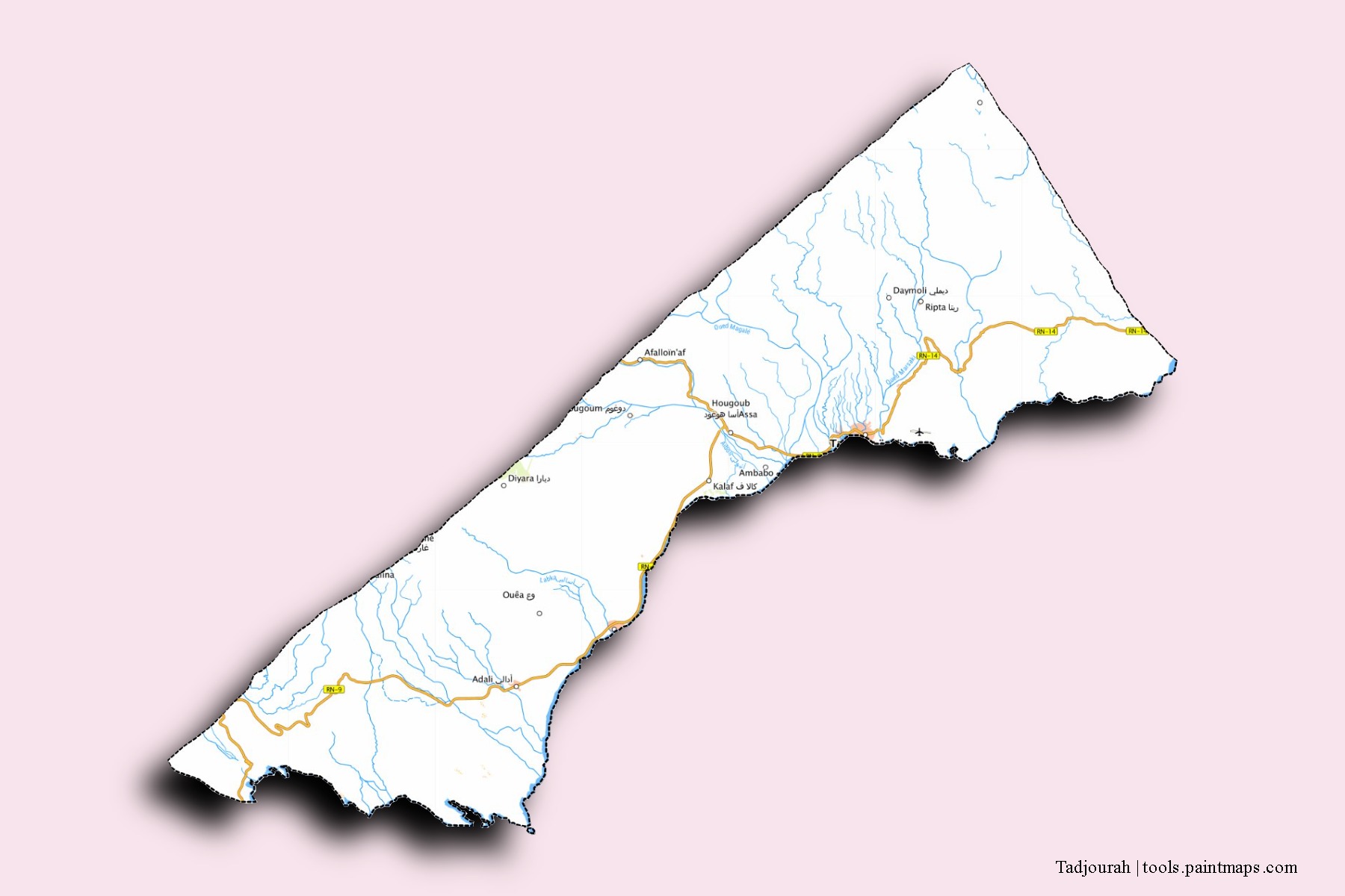 Mapa de barrios y pueblos de Tadjourah con efecto de sombra 3D