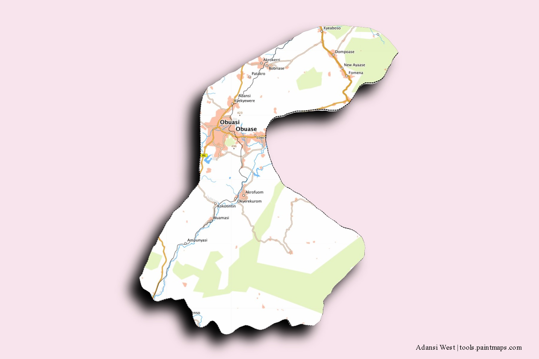 Adansi West neighborhoods and villages map with 3D shadow effect