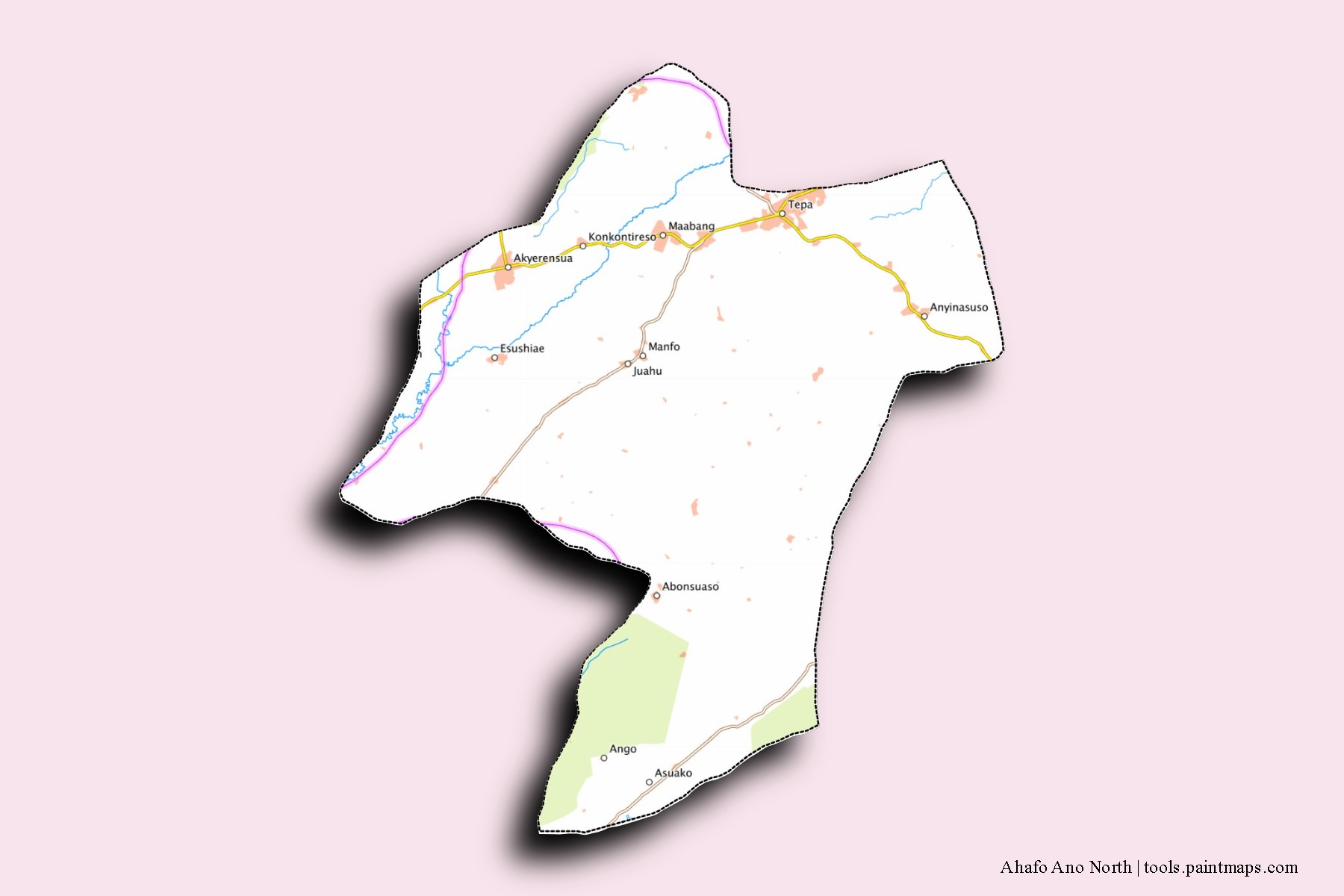 Mapa de barrios y pueblos de Ahafo Ano North con efecto de sombra 3D