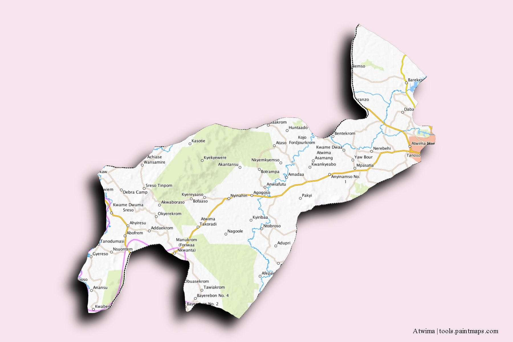 Mapa de barrios y pueblos de Atwima con efecto de sombra 3D