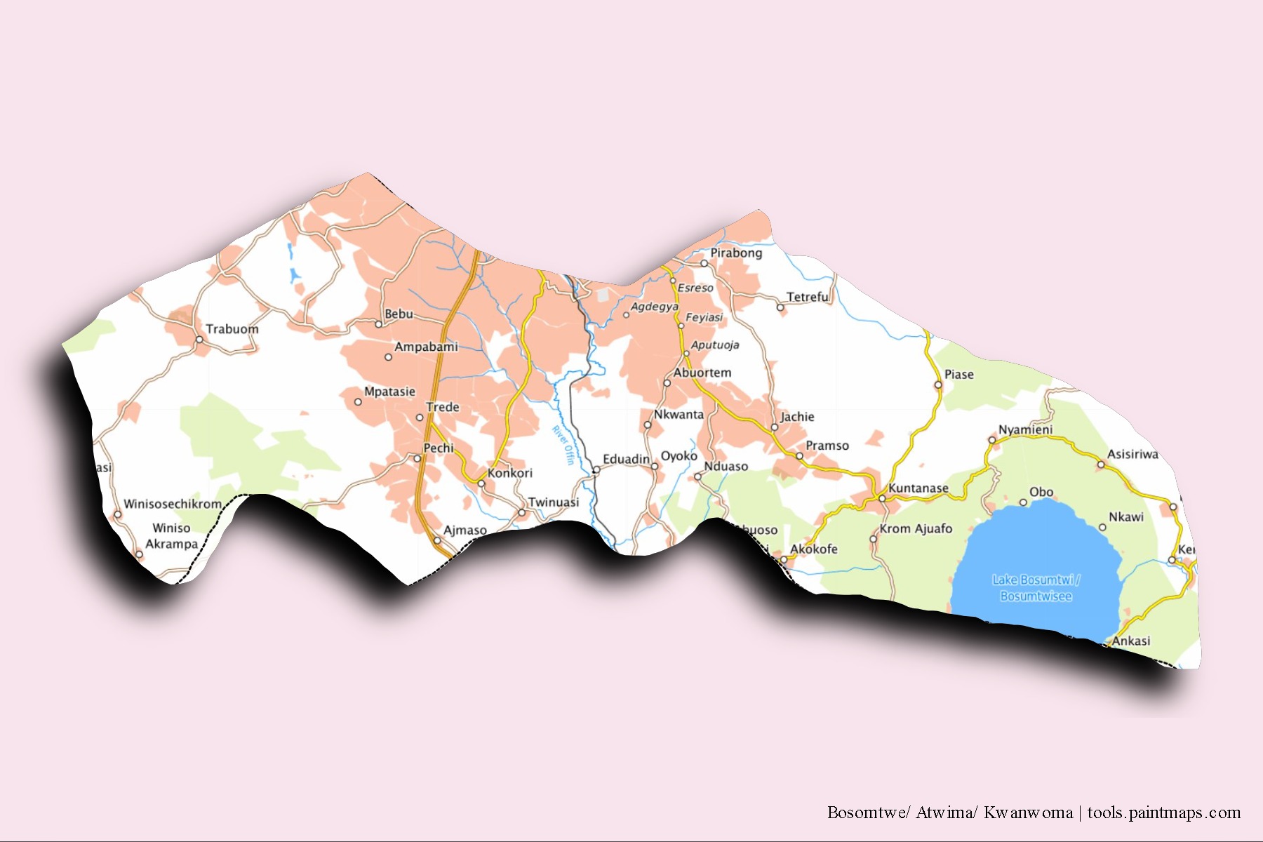 Mapa de barrios y pueblos de Bosomtwe/ Atwima/ Kwanwoma con efecto de sombra 3D